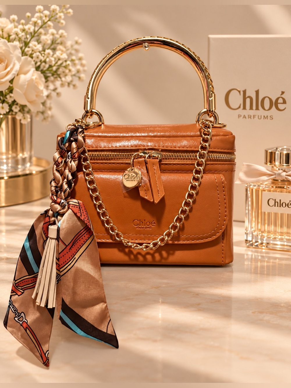 Authentic CHLOE PARFUMS top handle cosmetic case with gold hardware fall vibes 🧡
